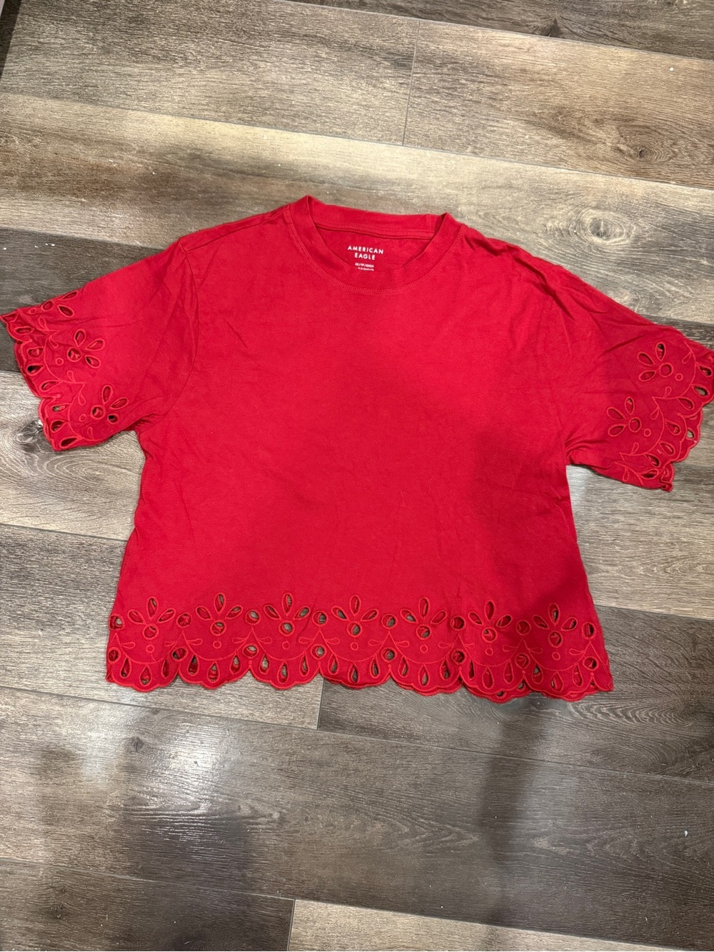 American Eagle Outfitters Red Eyelet-Trim Short Sleeve Tee